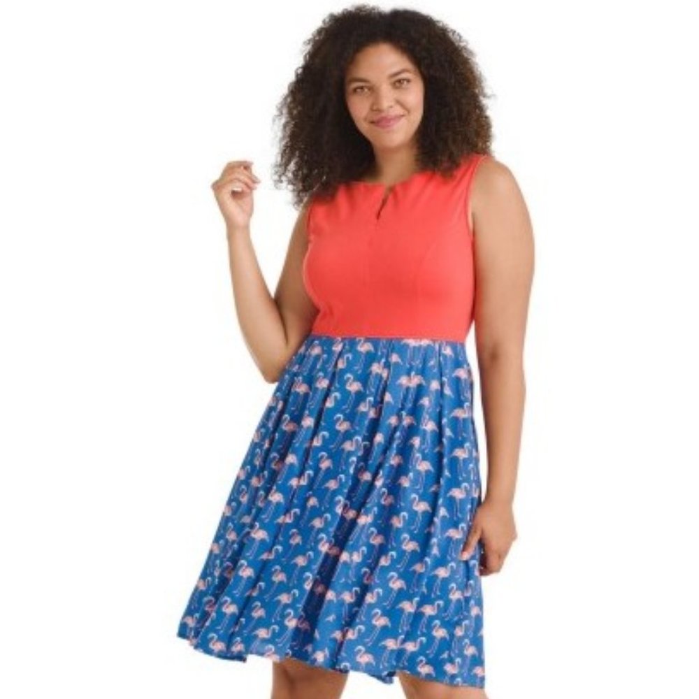 eShakti Coral and Blue Flamingo Dress